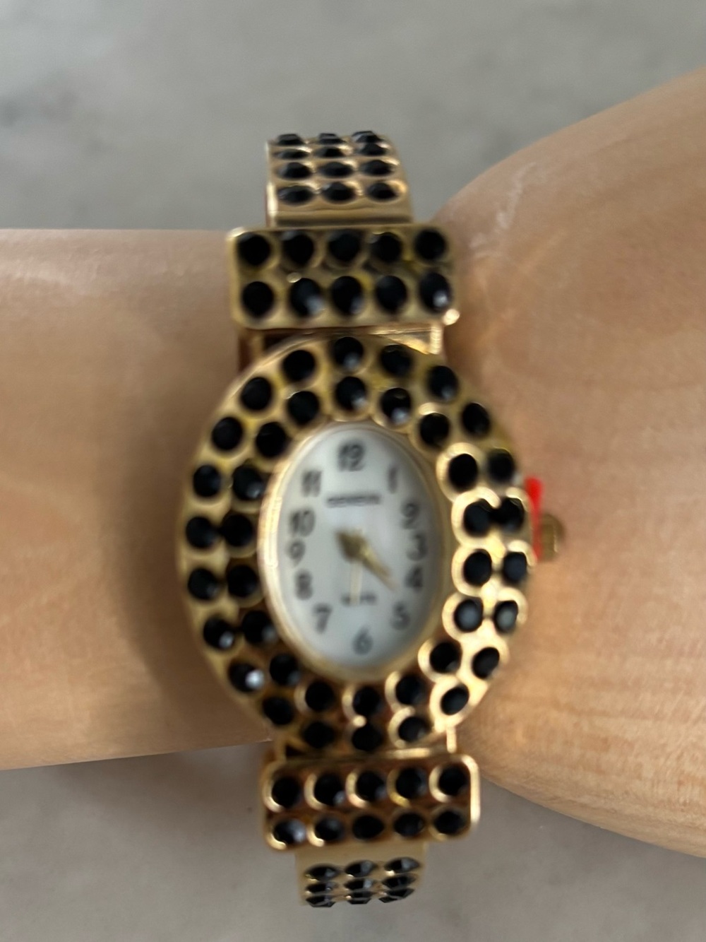 ⌚️3/$30⌚️ Gold-tone Geneva Oval Watch & Black Rhinestone Cuff Style Bracelet
